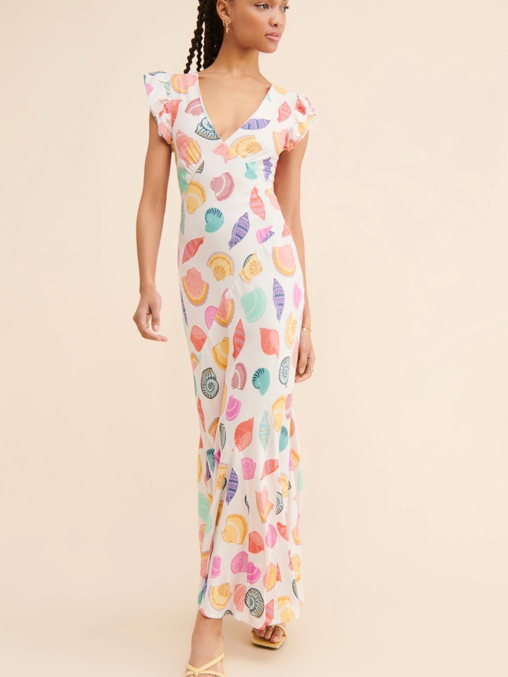 Beach Riot Shell-Print Maxi Dress in White with Pastel Shells